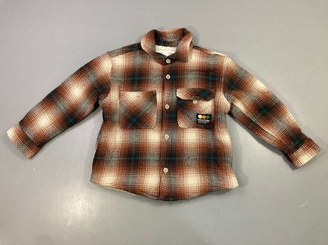 Surchemise m.l à capuche à carreaux marron, doublé peluche, moins cher chez Petit Kiwi