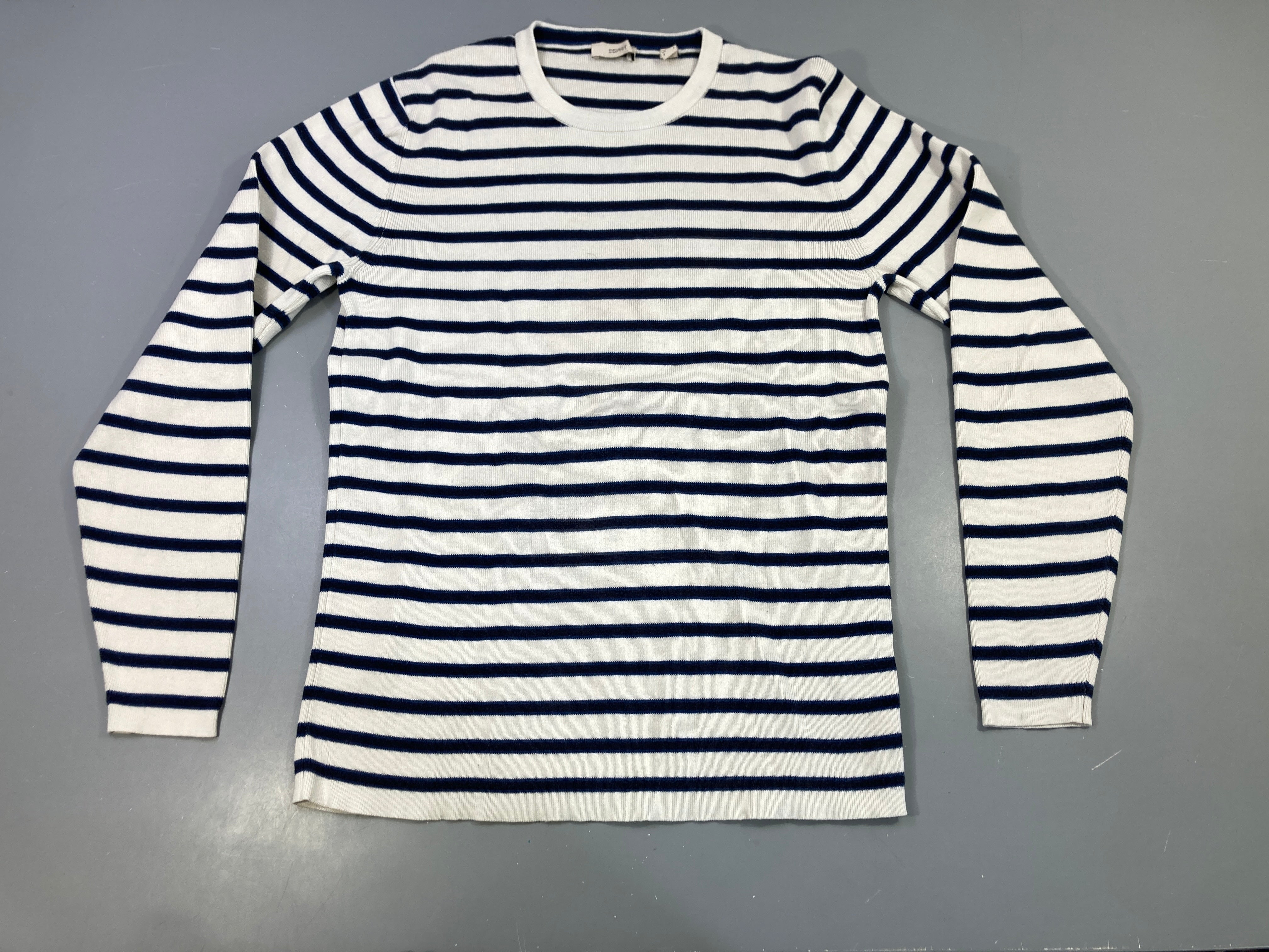 Pull rayé écru/marine, col rond