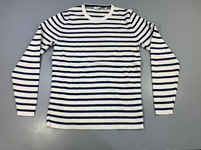 Pull rayé écru/marine, col rond, moins cher chez Petit Kiwi