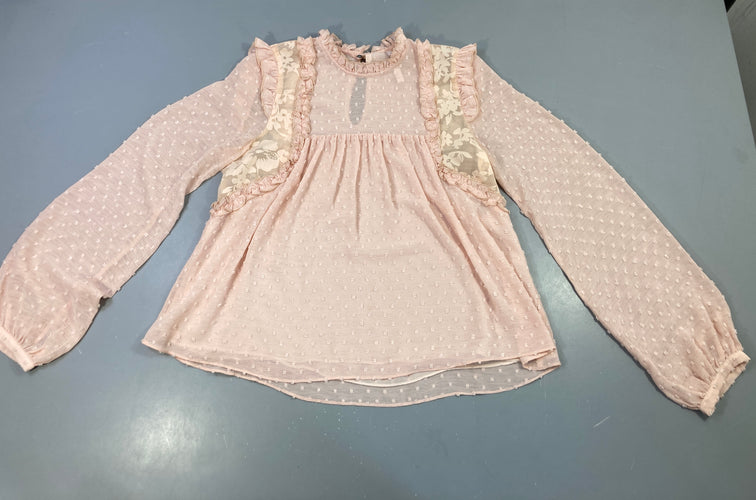 Blouse ml rose clair texturée pois col froufrou, moins cher chez Petit Kiwi