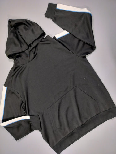 Sweat à capuche  noir, manches lignées blanc et bleu , poche à l'avant 100% polyester, moins cher chez Petit Kiwi