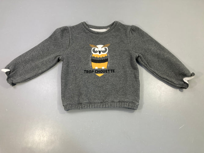 Sweat gris "Trop chouette" hibou, bouloché, moins cher chez Petit Kiwi