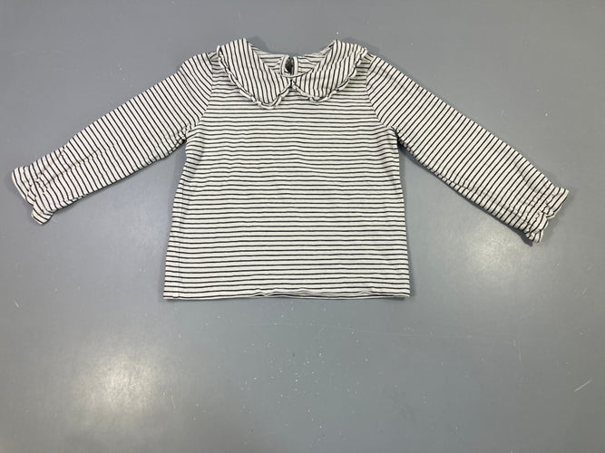 T-shirt m.l rayé blanc/marine, col volanté, moins cher chez Petit Kiwi