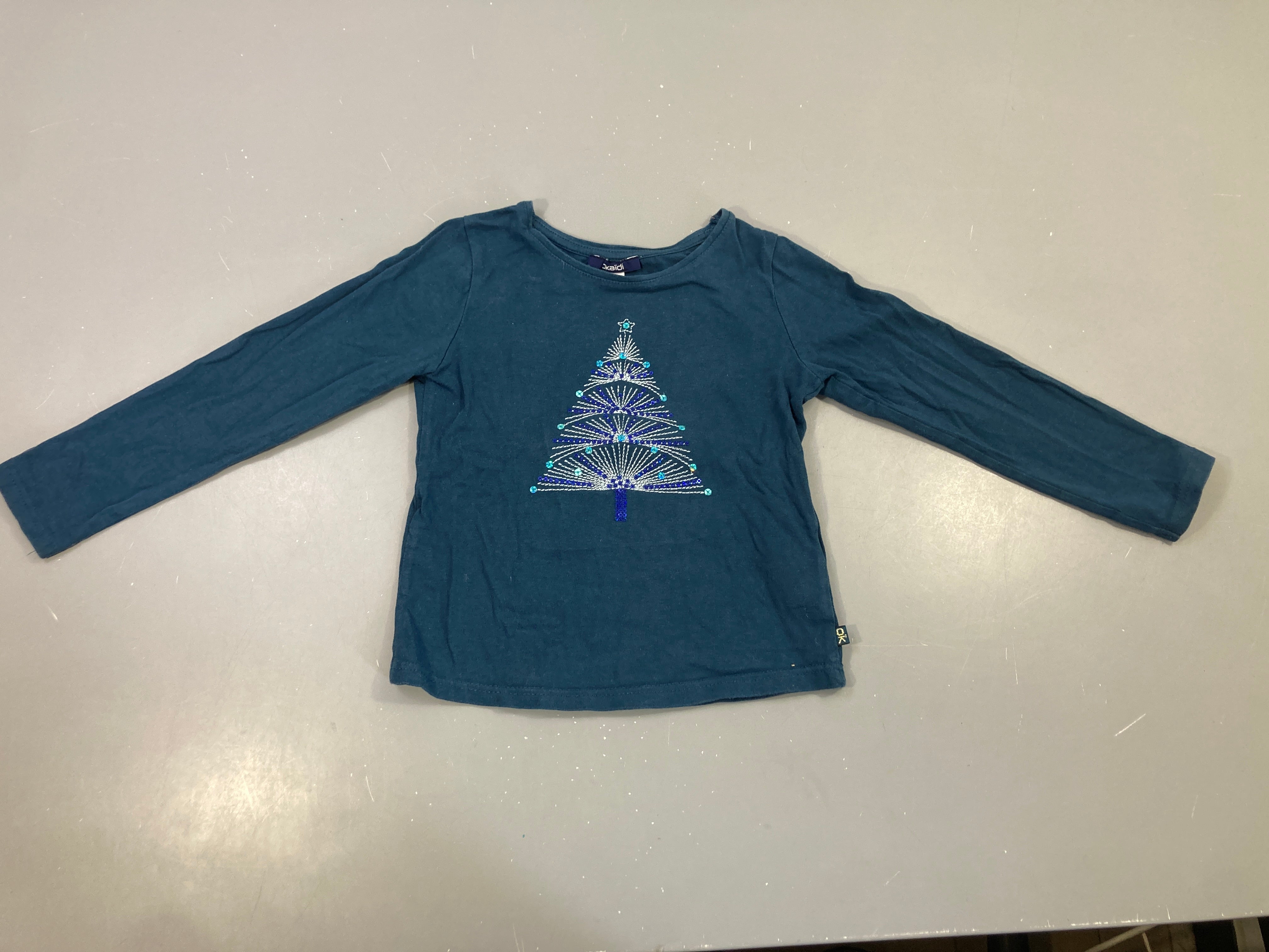 T-shirt ml bleu, sapin brodé pailleté
