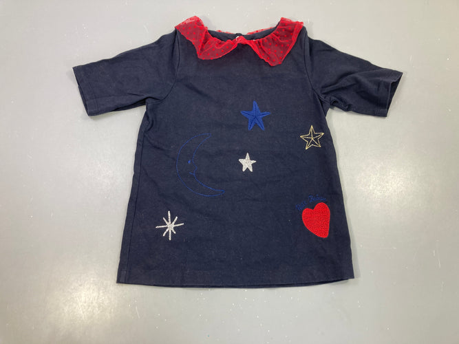 Robe m.c jersey bleu marine col tulle, étoiles et lune, moins cher chez Petit Kiwi