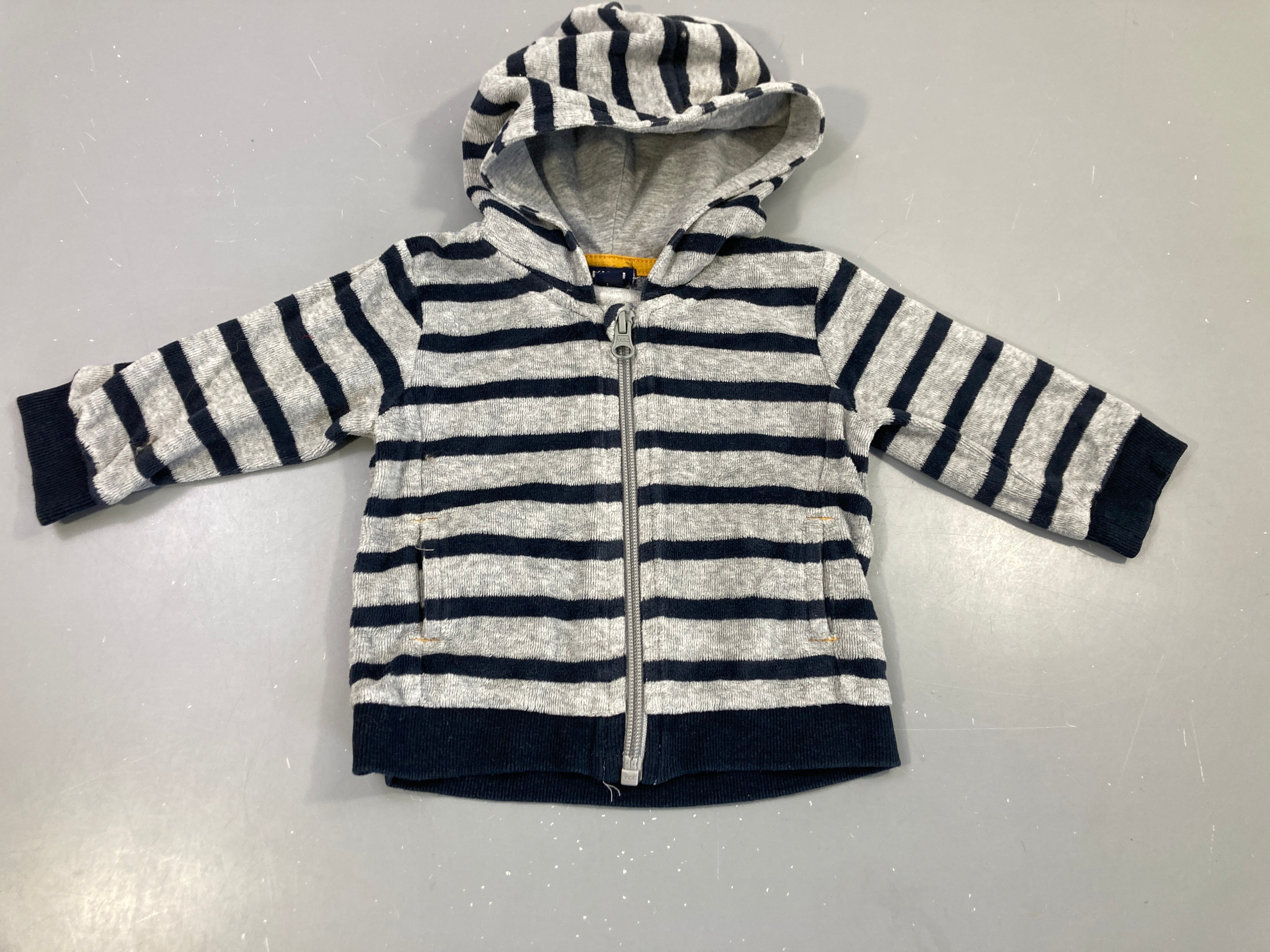 Sweat zippé velours capuche rayé marine et gris