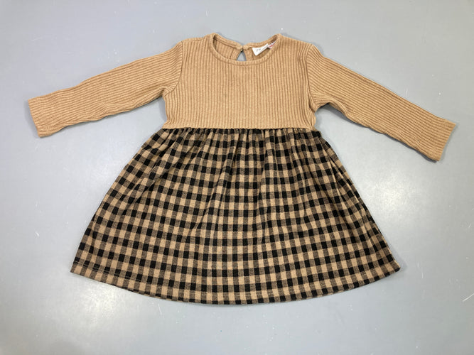 Robe manches longues beige et carreaux noir, boulochée, moins cher chez Petit Kiwi
