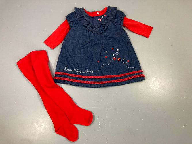 Robe jean rouge + t-shirt m.l rouge + collants, moins cher chez Petit Kiwi