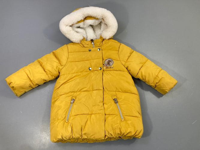 Doudoune zippée capuche fourrure moutarde Bambi, moins cher chez Petit Kiwi