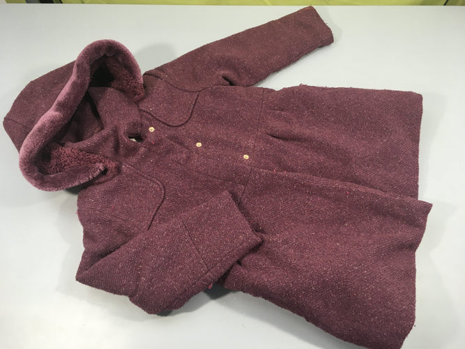 Manteau zippé à capuche aubergine, fils argentés, un peu bouloché, moins cher chez Petit Kiwi