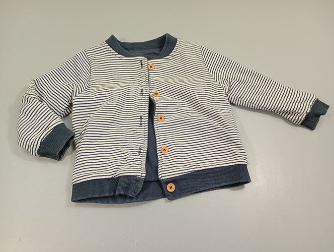 Gilet réversible bleu marine texturé/blanc rayé bleu. Pas de taille indiquée, estimée  18m, moins cher chez Petit Kiwi