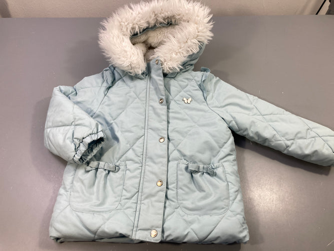 Veste zippée à capuche fausse fourrure bleu clair , médaillon papillon, intérieur peluche, moins cher chez Petit Kiwi