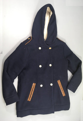 Veste bleu foncé à capuche double pressions, 20% laine, moins cher chez Petit Kiwi