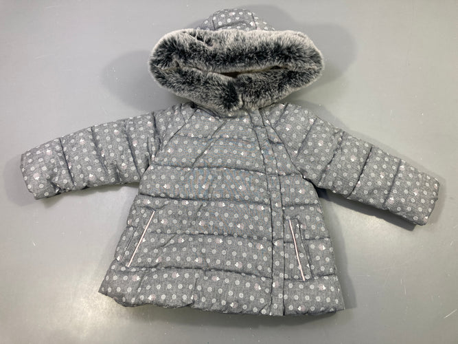 Veste zippée à capuche fausse fourrure grise fleurs blanches, intérieur peluche, moins cher chez Petit Kiwi