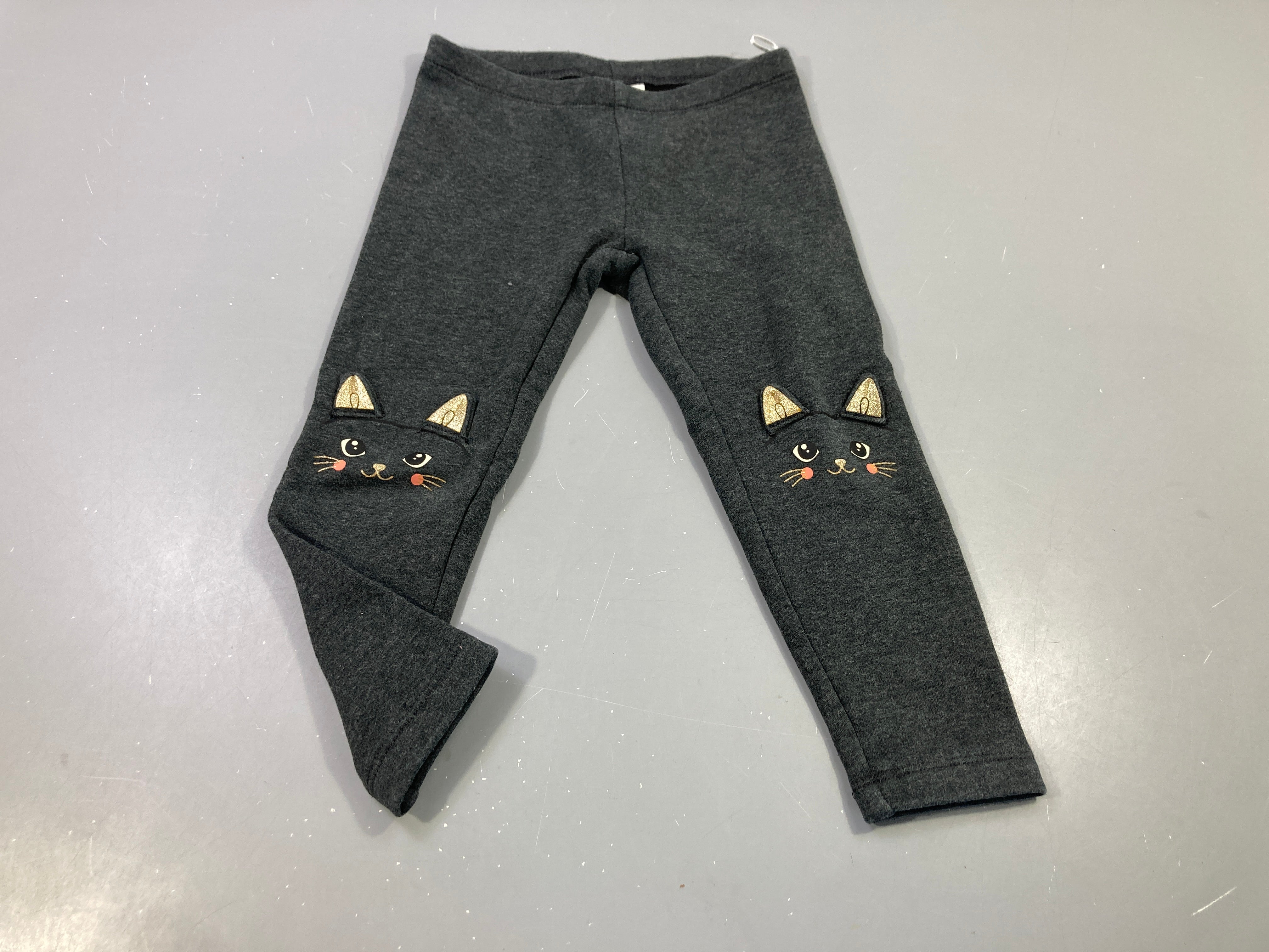 Legging anthracite chiné, têtes de chat aux genoux, intérieur doux et chaud