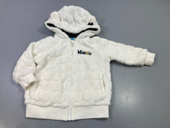 Gilet blanc zippé à capuche en velours texturé coeurs "Miaou", légère tache, moins cher chez Petit Kiwi