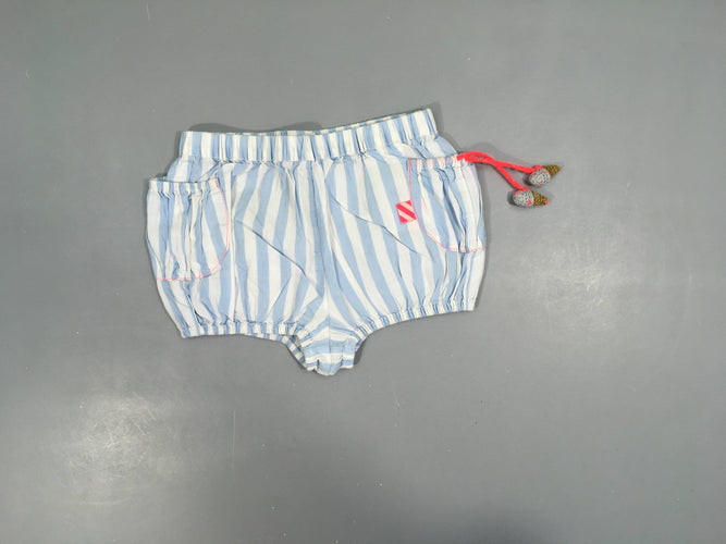 Short bloomer blanc ligné bleu clair floche rose flash, moins cher chez Petit Kiwi