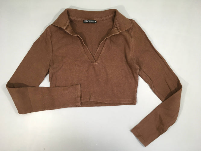 T-shirt m.l cropped fines côtes brun col V-Légèrement délavé, moins cher chez Petit Kiwi