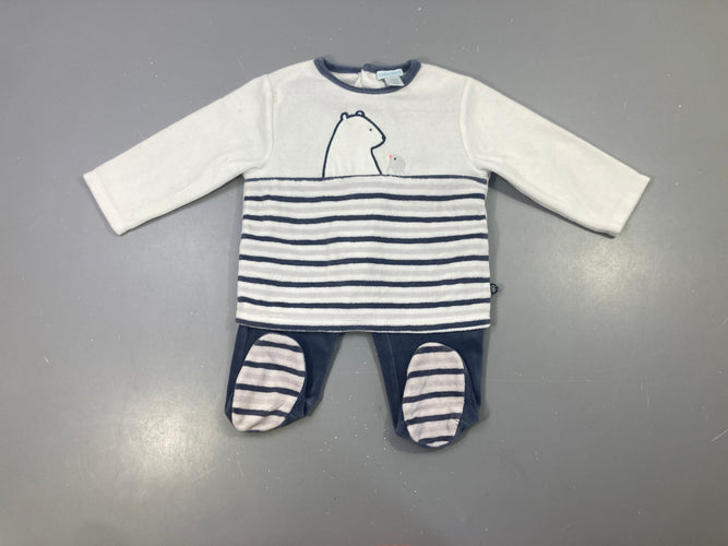 Pyjama 2 pièces velours blanc rayé bleu ours rayé, moins cher chez Petit Kiwi