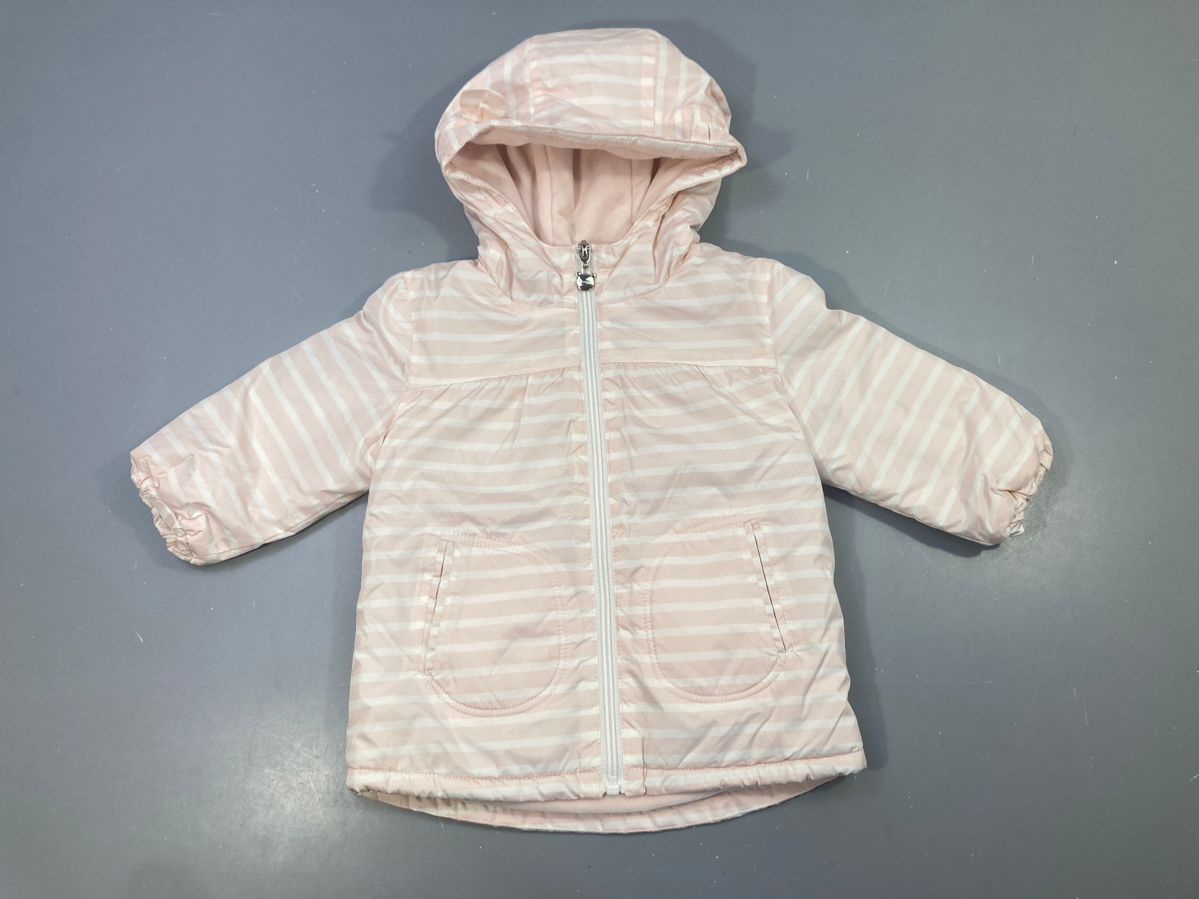 Doudoune mi-saison rayée rose blanc à capuche