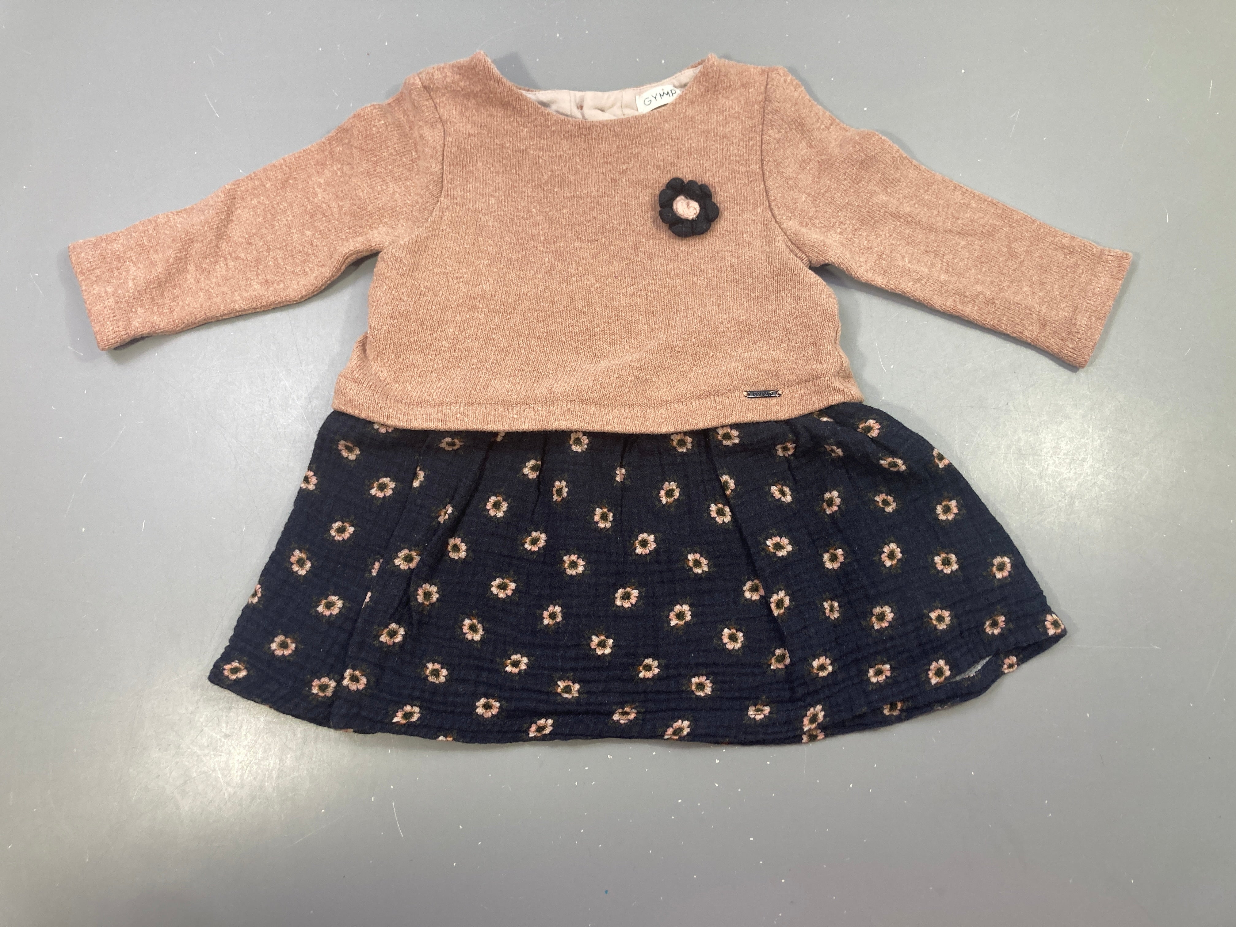 Robe m.l bi-matière effet superposé rose pull haut/bleu foncé tétra fleuri bas