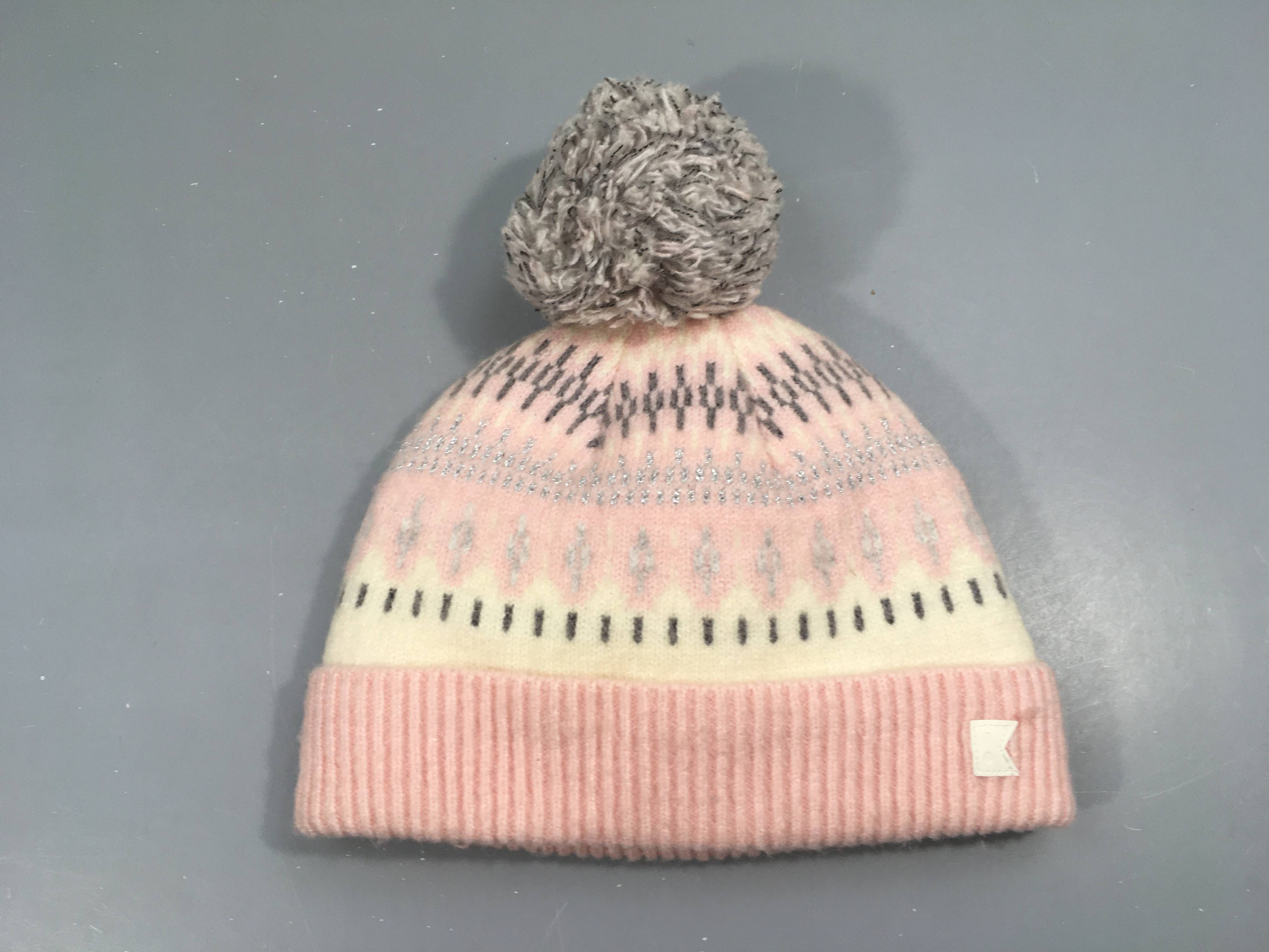 Bonnet rose/écru/gris motifs pompon