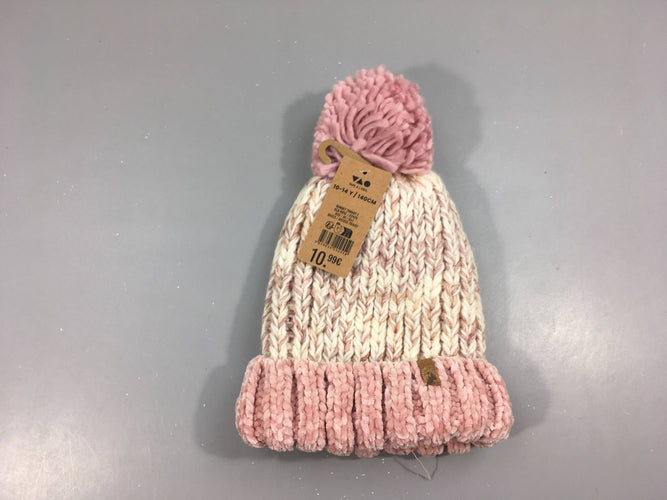 NEUF Bonnet chiné rose/beige fil doré pompon, 10-14a, moins cher chez Petit Kiwi