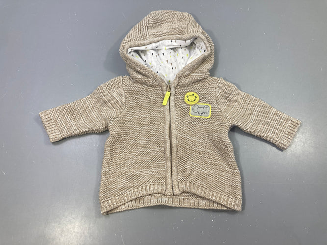 Gilet à capuche mailles beige chiné écussons, moins cher chez Petit Kiwi