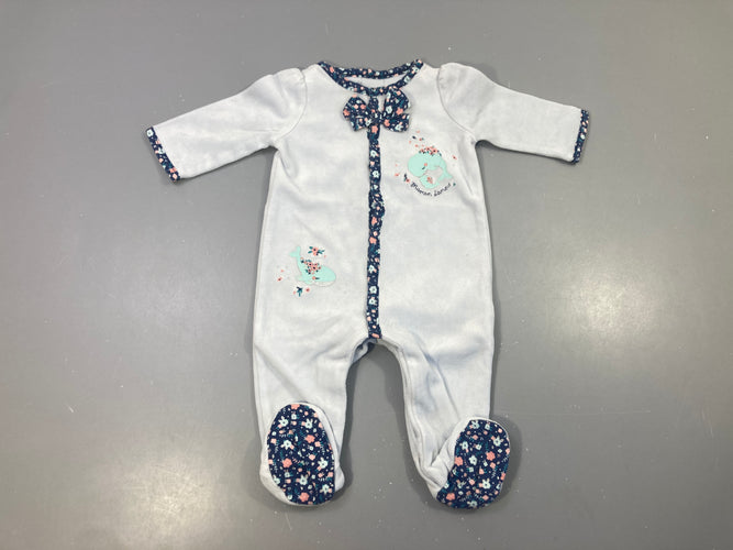 Pyjama velours bleu clair noeud fleuri bleu baleines, moins cher chez Petit Kiwi
