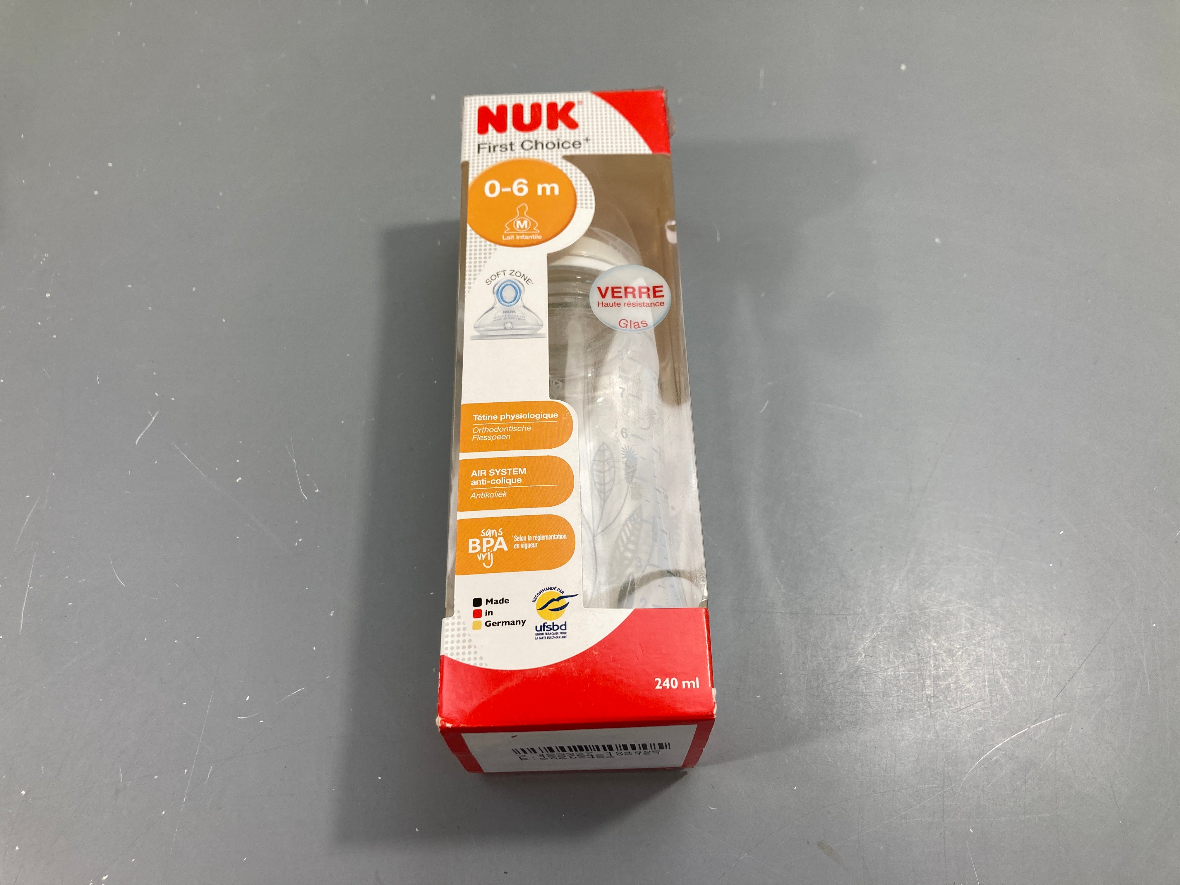 Biberon en verre 240ml NUK, 0-6m, NEUF