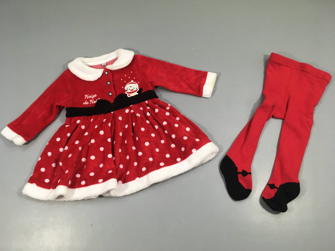 Robe m.l velours rouge pingouin + collant, Noël, moins cher chez Petit Kiwi