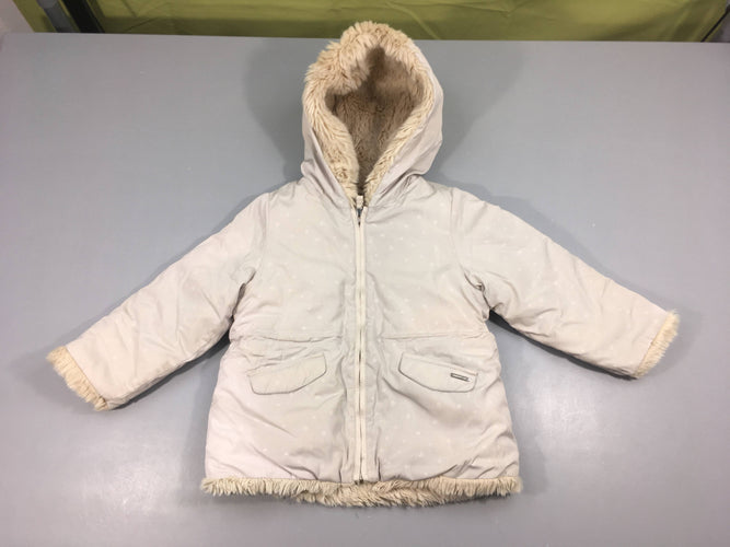 Veste ouatinée beige coeurs fausse fourrure à capuche, moins cher chez Petit Kiwi