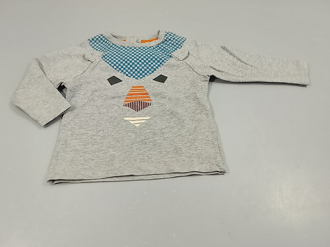 T-shirt m.l gris chiné, motifs géographiques tête de lion, moins cher chez Petit Kiwi