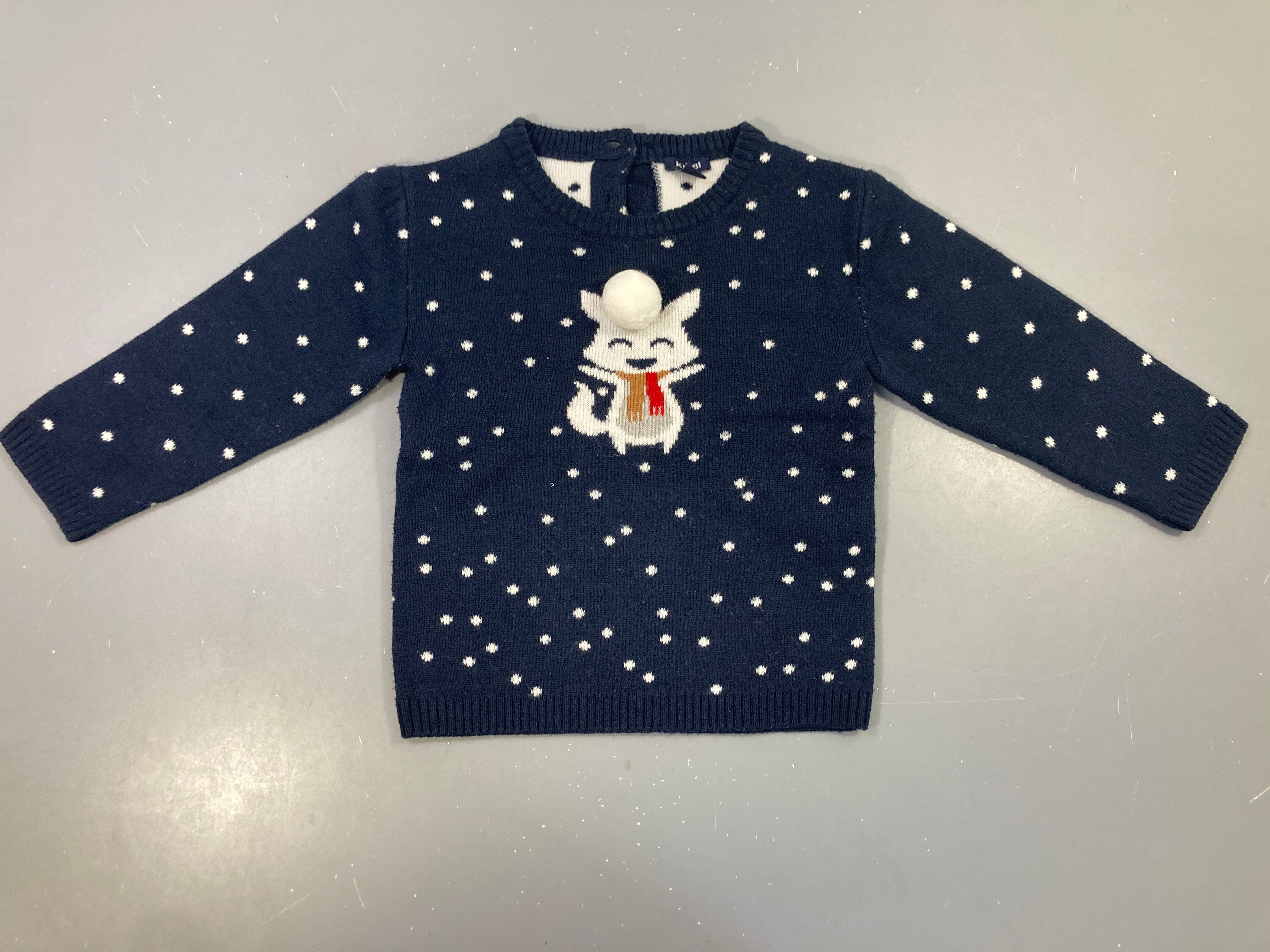 Pull bleu foncé Noël animal pompon, bouloché
