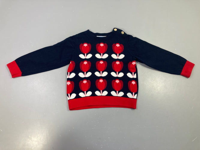 Pull bleu foncé fleurs rouges, moins cher chez Petit Kiwi