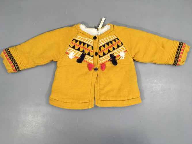 Gilet jaune floches doublé velours, très légèrement bouloché, moins cher chez Petit Kiwi