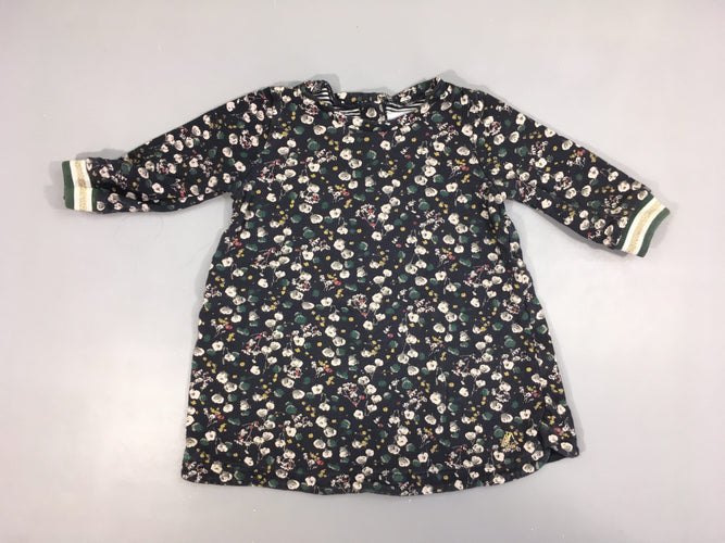 Robe m.l molleton bleu foncé fleurs, légèrement boulochée, moins cher chez Petit Kiwi