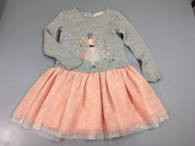 Robe m.l  jersey gris clair/ tulle rose, moins cher chez Petit Kiwi