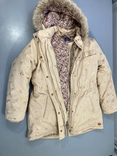 Parka 3en1 beige fleurs dorées, à capuche fausse fourrure, moins cher chez Petit Kiwi