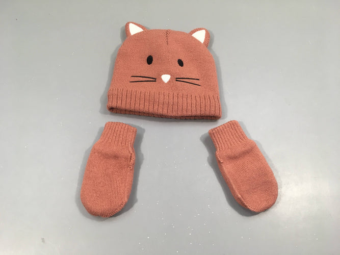 Ensemble bonnet tête de chat, moufles vieux rose, intéieur polar, moins cher chez Petit Kiwi