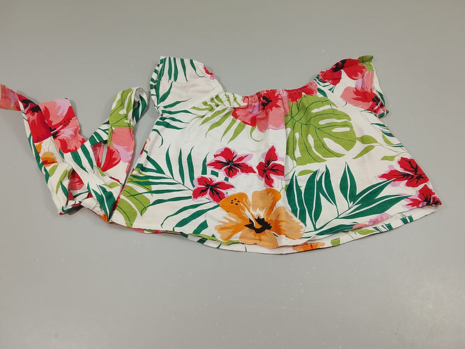 Blouse m.c  blanche Chicaprie à grosses motifs feuilles et grosses fleurs + ceinture ammovible, moins cher chez Petit Kiwi