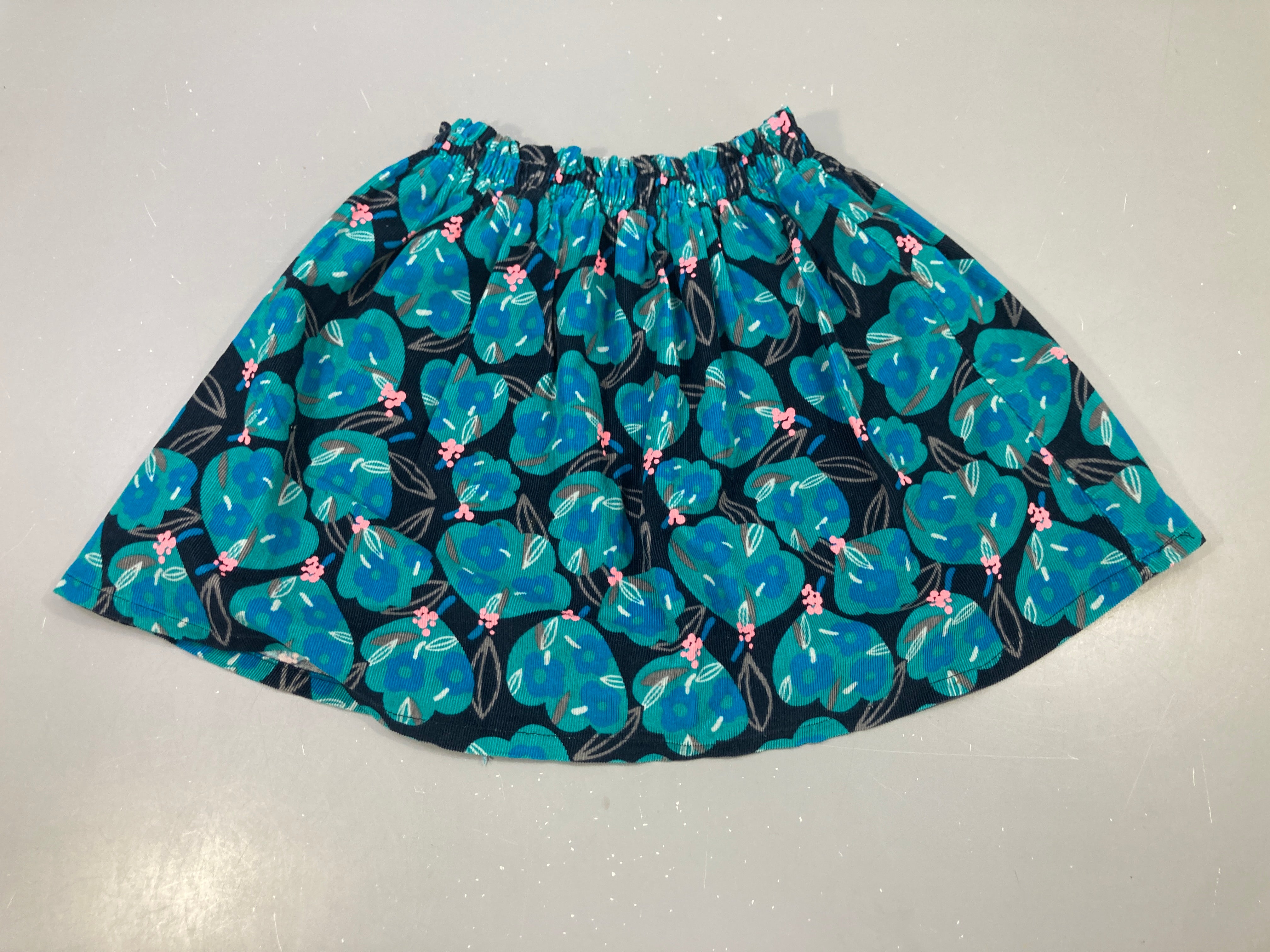 Jupe velours côtelé bleu turquoise fleurie