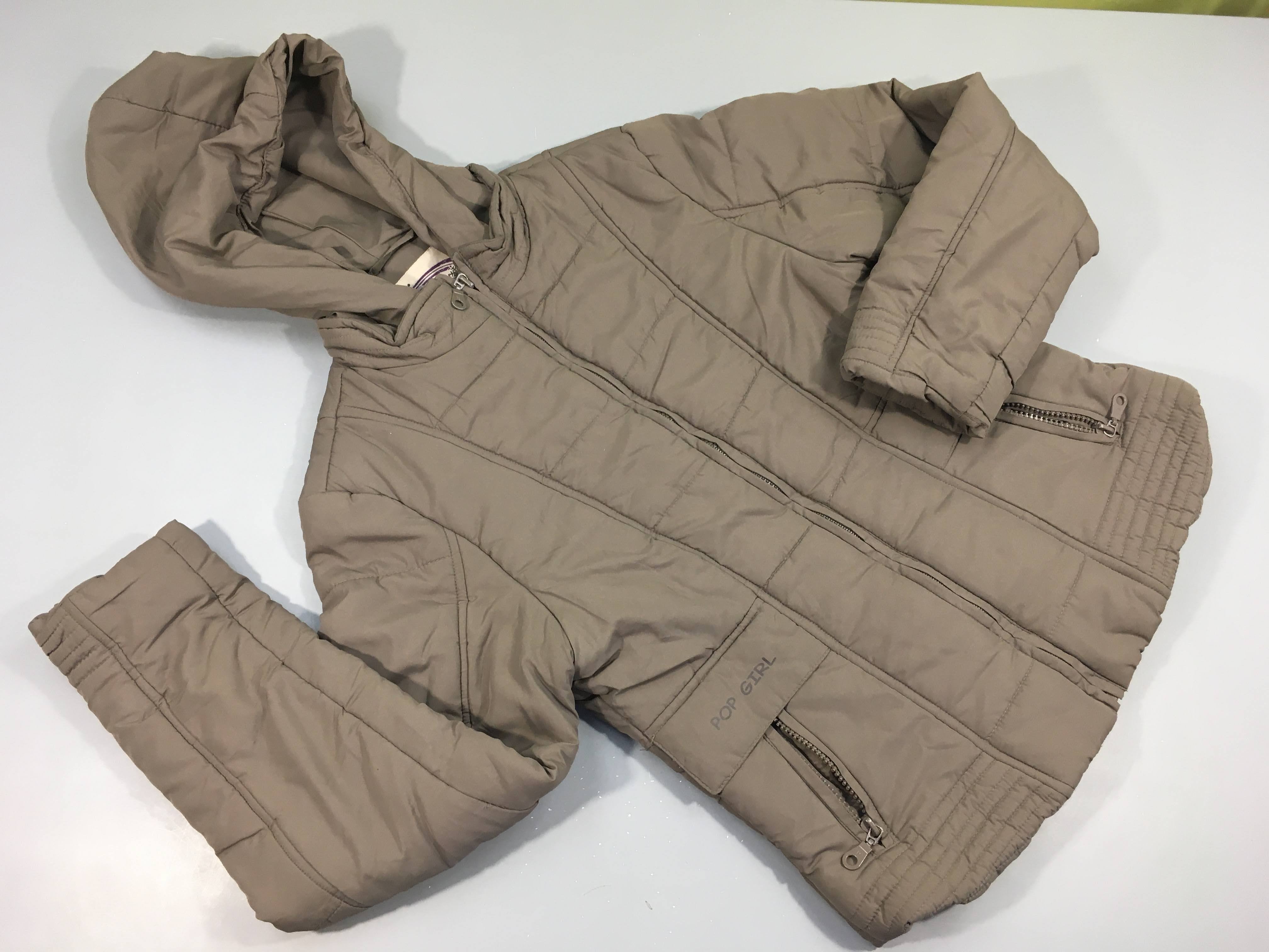 Veste zipée à capuche taupe , légères taches, doubles tirettes