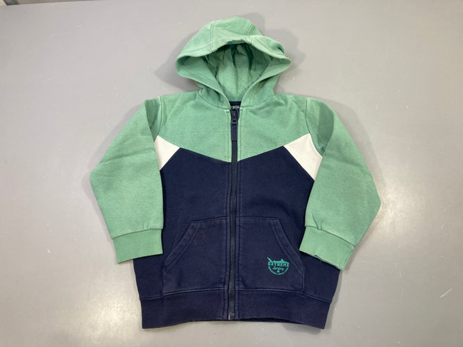 Sweat zippé à capuche vert/bleu, légèrement bouloché, moins cher chez Petit Kiwi