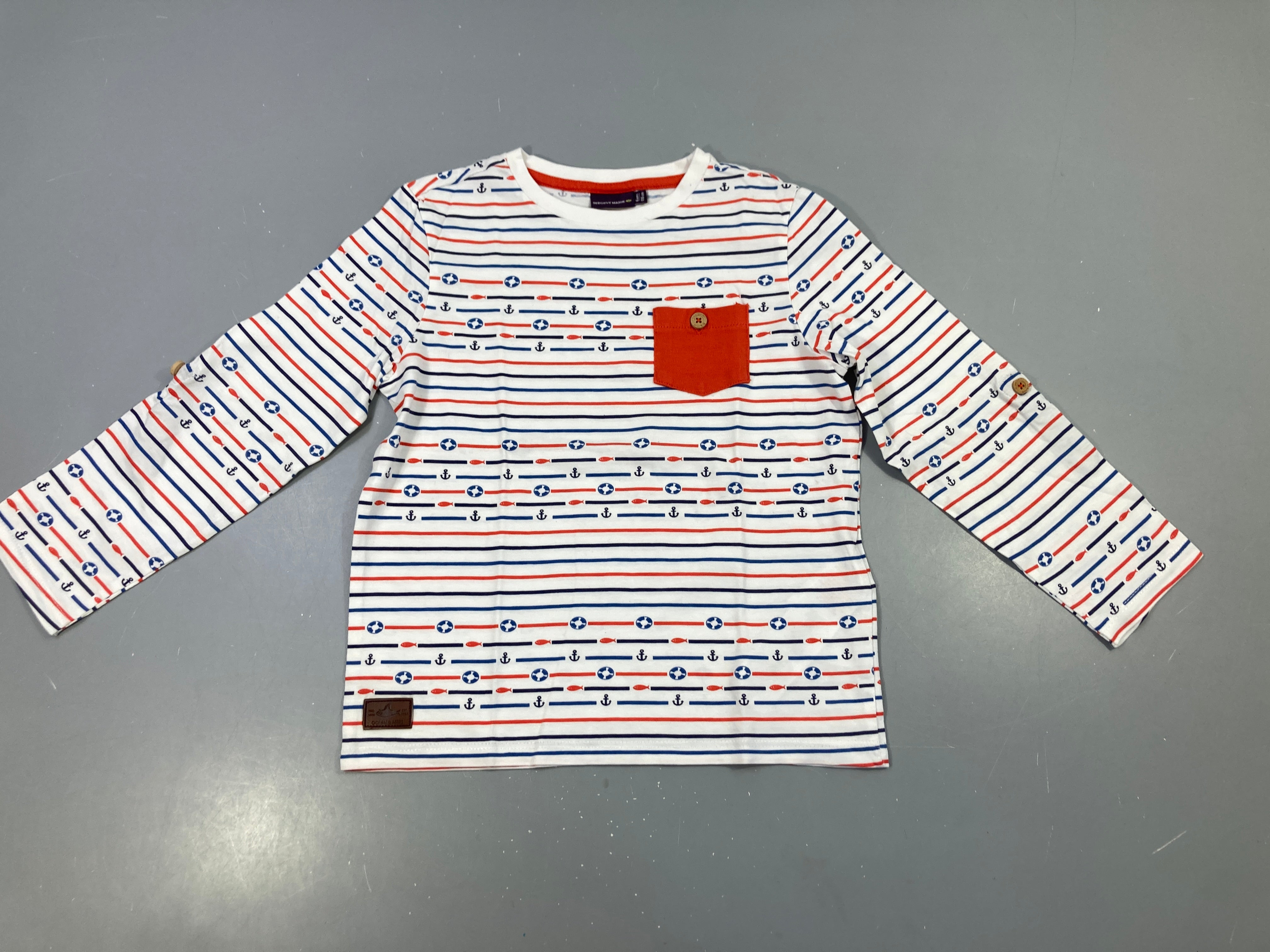 T-shirt m.l blanc rayé rouge/bleu poche encres