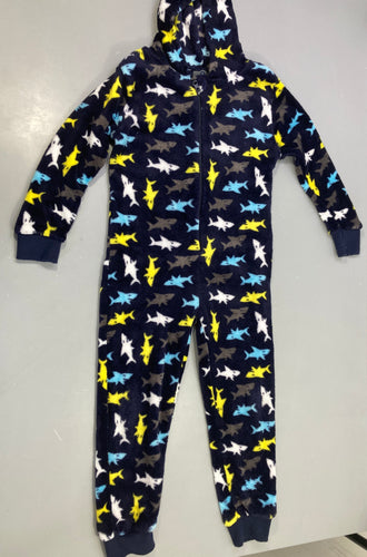 Surpyjamas velours bleu foncé requins, moins cher chez Petit Kiwi