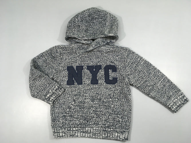 Pull mailles chinées bleu gris à capuche NYC, moins cher chez Petit Kiwi