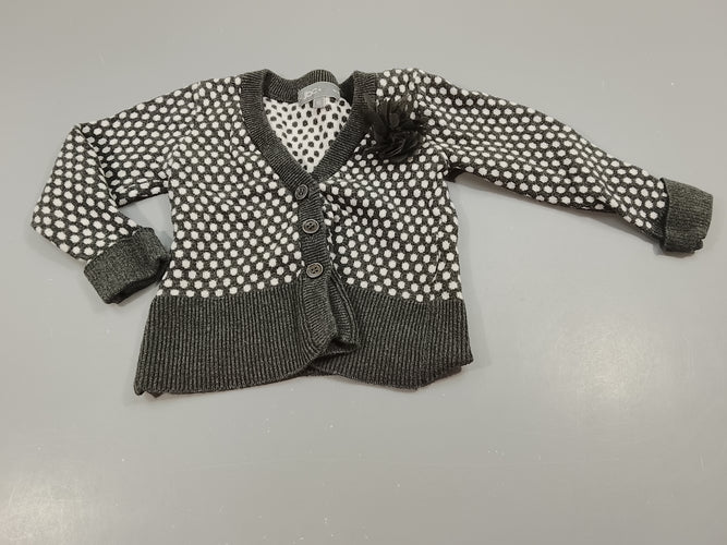 Gilet col V gris , pois blancs , fleur en tulle noir, moins cher chez Petit Kiwi