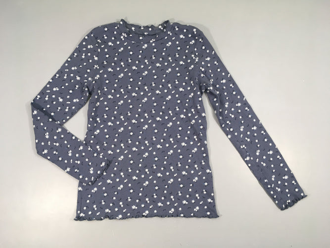 T-shirt m.l col montant bleu fleuri fines côtes froufrous bords, moins cher chez Petit Kiwi