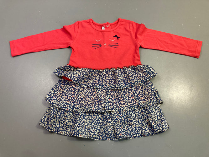 Robe m.l bi-matière jersey corail chat motif fleuri, moins cher chez Petit Kiwi